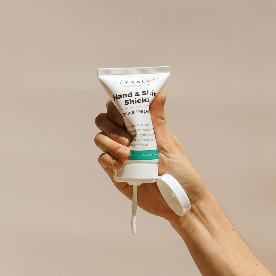 Natralus Hand & Skin Shield Intensive Repair for dry, cracked hands – moisturises, restores & protects hardworking Aussie skin.
