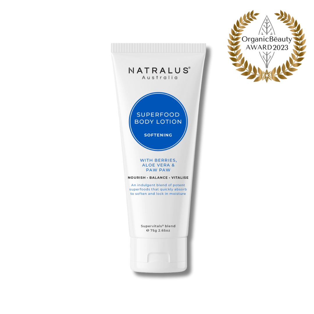Natralus Superfood Body Lotion – Australian natural aloe vera–based moisturiser with shea butter, jojoba, and paw paw seed oil to hydrate, nourish, and soothe skin for everyday and after-sun care.