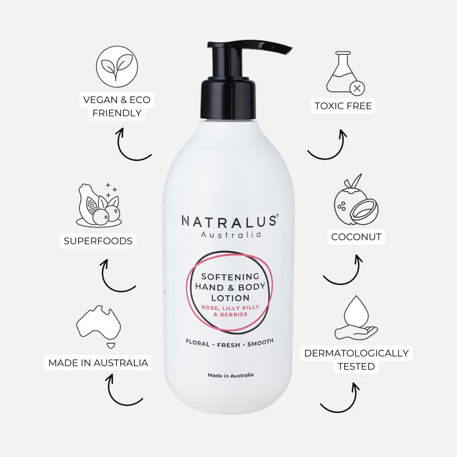 Sulfate-free Softening hand and body lotion with rose, lilly pilly, and berries