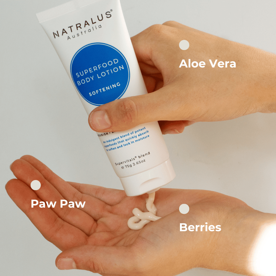 Natralus Superfood Body Lotion – Australian natural aloe vera–based moisturiser with shea butter, jojoba, and paw paw seed oil to hydrate, nourish, and soothe skin for everyday and after-sun care.