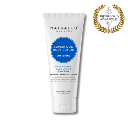 Natralus Superfood Body Lotion – Australian natural aloe vera–based moisturiser with shea butter, jojoba, and paw paw seed oil to hydrate, nourish, and soothe skin for everyday and after-sun care.
