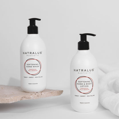 Moisturising hand wash and body lotion duo with tangerine, fig, and botanical ingredients