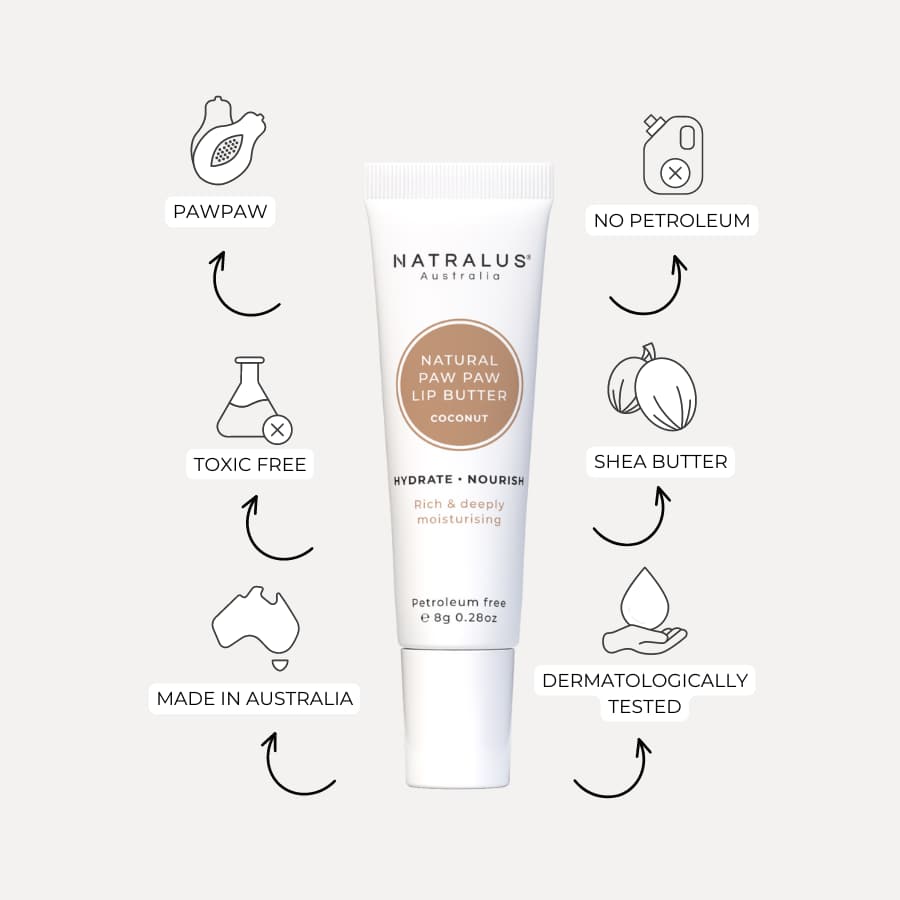 Natralus Natural Paw Paw Lip Butter Coconut – Australian natural lip balm with organic paw paw, shea butter and vitamin E for nourishing hydration and shine.