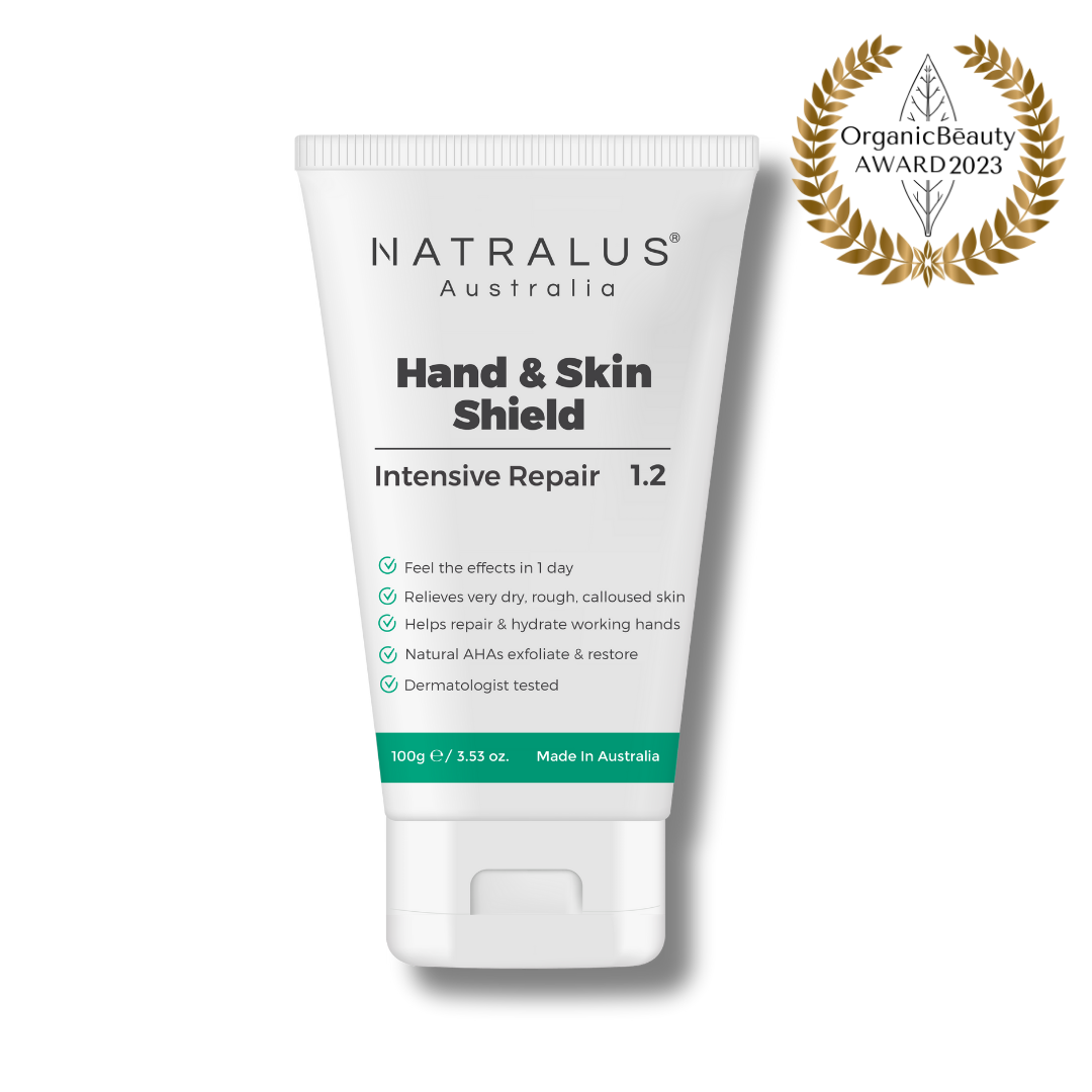 Natralus Hand & Skin Shield Intensive Repair for dry, cracked hands – moisturises, restores & protects hardworking Aussie skin.