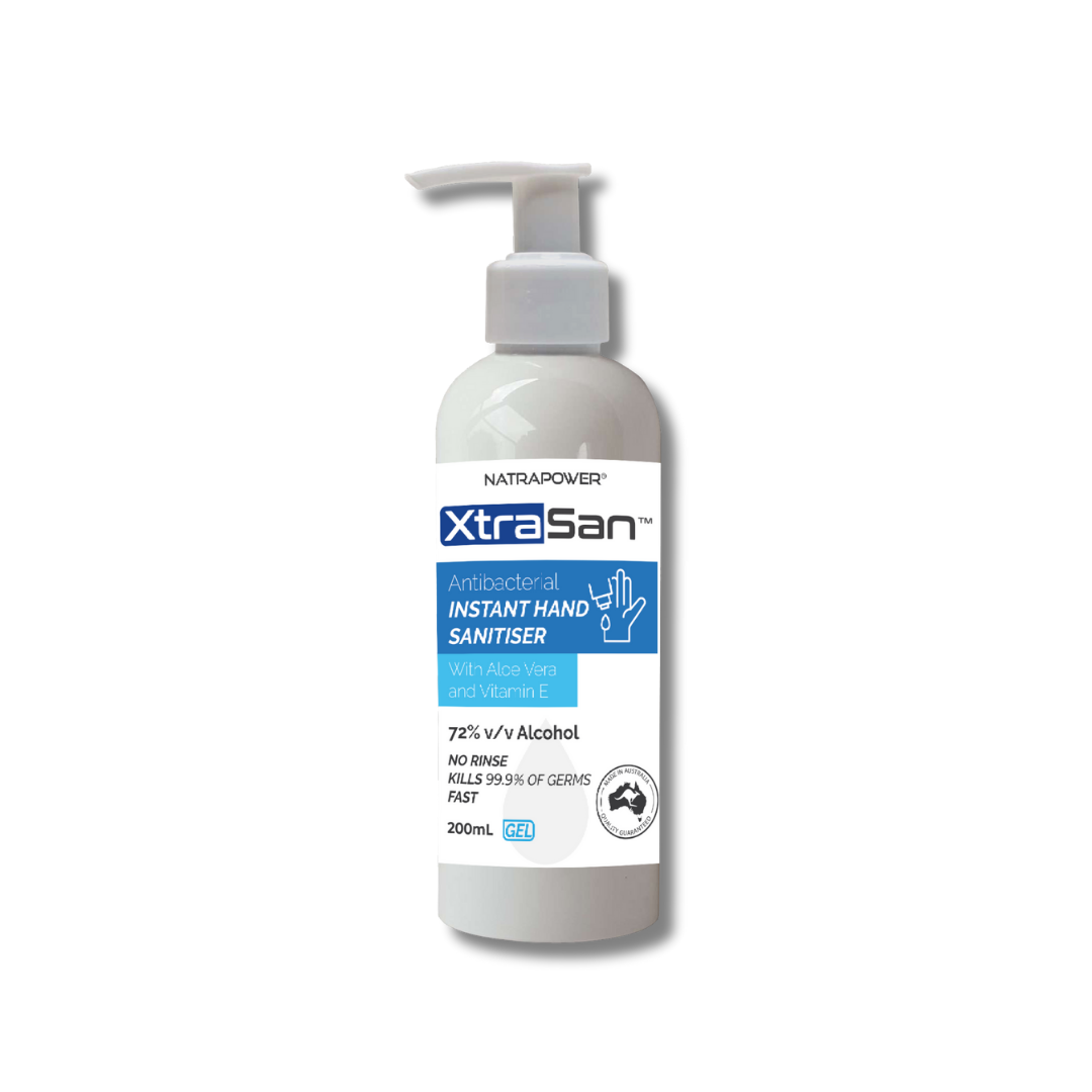 NatraPower XtraSan Anti-Bacterial Hand Sanitiser Gel 72% Alcohol – kills 99.99% germs, Aloe Vera &amp; Vitamin E, Australian-made.