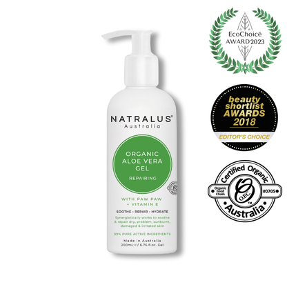 Natralus Organic Aloe Vera Repair Gel – Australian natural skin care with 99% active aloe vera, papaya, and vitamin E to soothe, cool, and hydrate sunburnt, dry, and irritated skin.