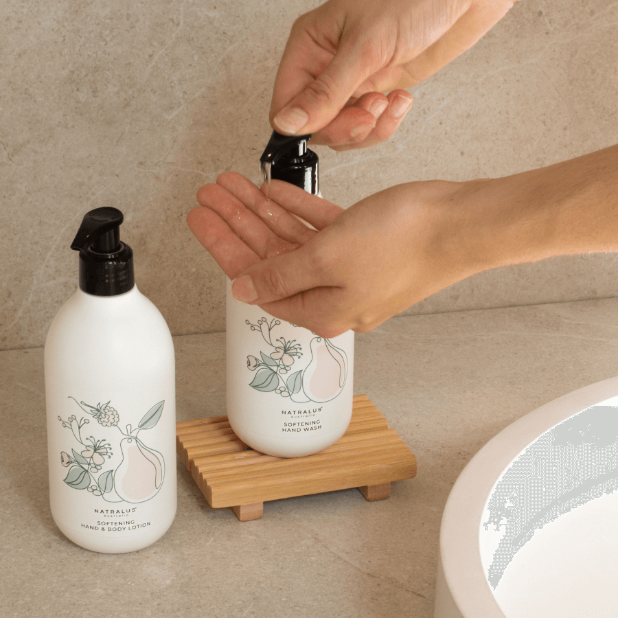 Softening Hand Wash Lemon Myrtle &amp; Kakadu Plum by Natralus – natural Australian hand wash with coconut-derived cleansers, sulphate-free formula, citrus and woody fragrance, ultra-stylish peel &amp; reveal packaging, perfect for sink or benchtop décor