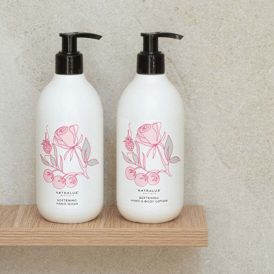 Natralus Softening Hand Wash &amp; Lotion Duo Rose &amp; Lilly Pilly – natural Australian skincare with superfoods, coconut oil and botanicals for nourished, soft and refreshed hands – stylish 300ml bathroom duo