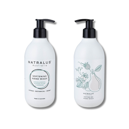 Softening Hand Wash Lemon Myrtle &amp; Kakadu Plum by Natralus – natural Australian hand wash with coconut-derived cleansers, sulphate-free formula, citrus and woody fragrance, ultra-stylish peel &amp; reveal packaging, perfect for sink or benchtop décor
