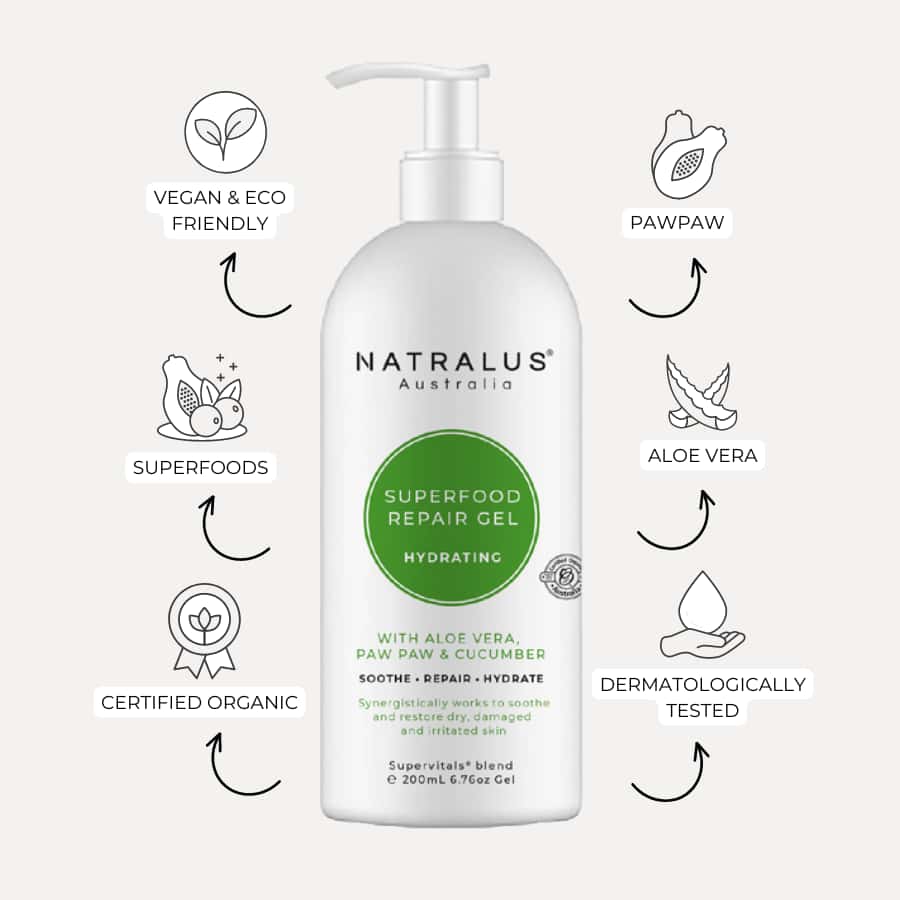 Natralus Organic Aloe Vera Repair Gel – Australian natural skin care with 99% active aloe vera, papaya, and vitamin E to soothe, cool, and hydrate sunburnt, dry, and irritated skin.