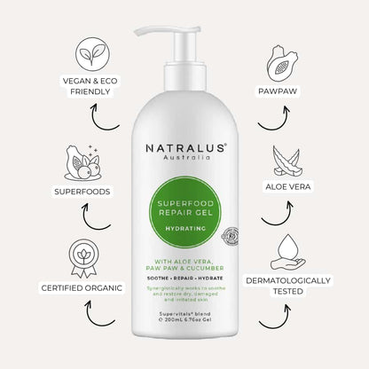 Natralus Organic Aloe Vera Repair Gel – Australian natural skin care with 99% active aloe vera, papaya, and vitamin E to soothe, cool, and hydrate sunburnt, dry, and irritated skin.