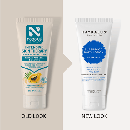 Natralus Superfood Body Lotion – Australian natural aloe vera–based moisturiser with shea butter, jojoba, and paw paw seed oil to hydrate, nourish, and soothe skin for everyday and after-sun care.