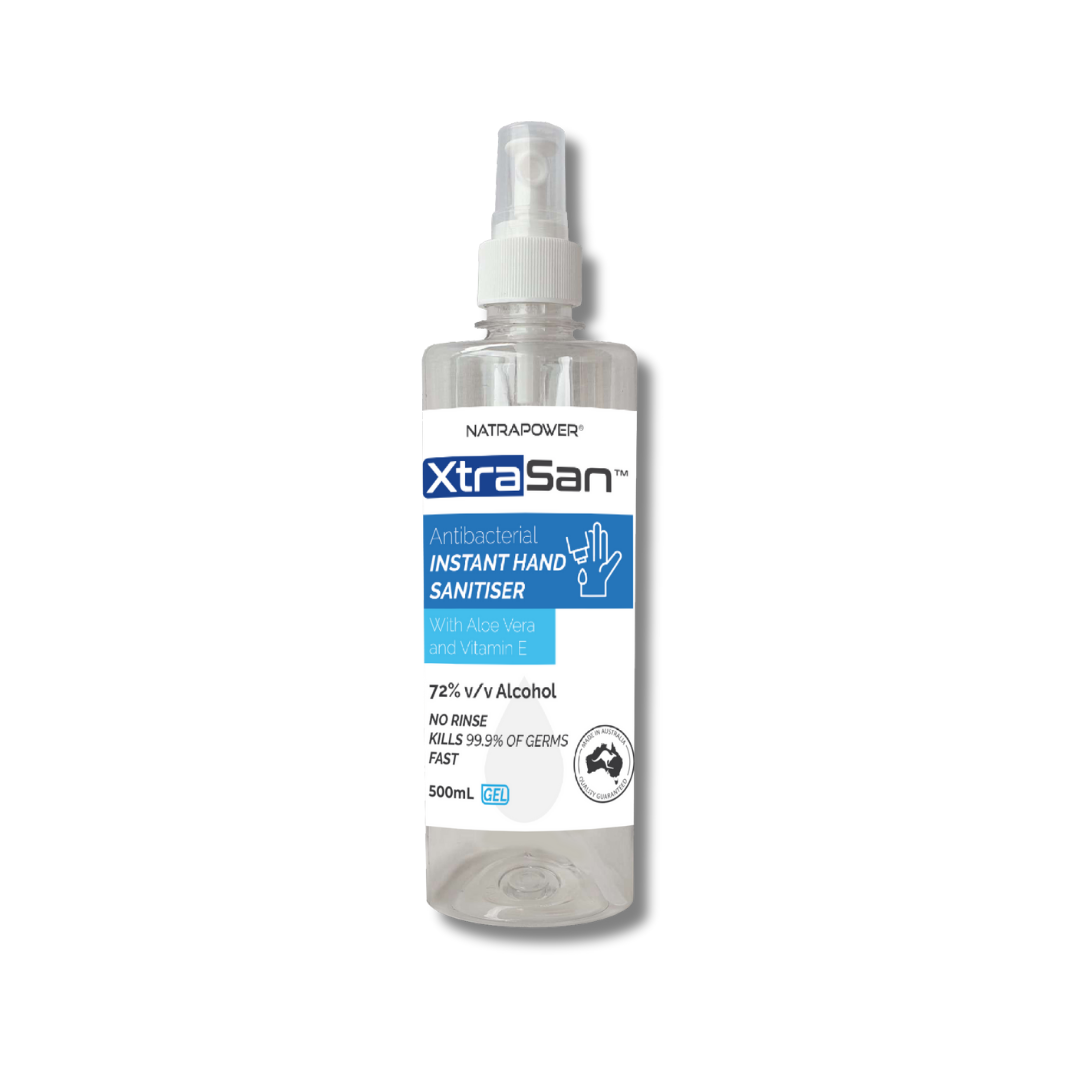 XtraSan 72% Alcohol Hand Sanitiser Gel by NatraPower – fast germ protection, moisturising with Aloe Vera &amp; Vanilla, trusted in Australia.