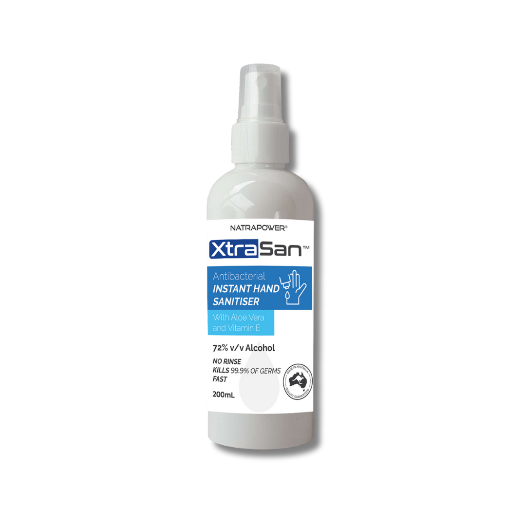 XtraSan 72% Alcohol Anti-Bacterial Hand Sanitiser Spray 200ml – kills 99.99% germs, Aloe Vera &amp; Vitamin E, made in Australia.